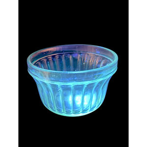 Vintage Uranium Glass Ribbed Cold Cream Jar Owens Illinois Cosmetic Jar Glowy